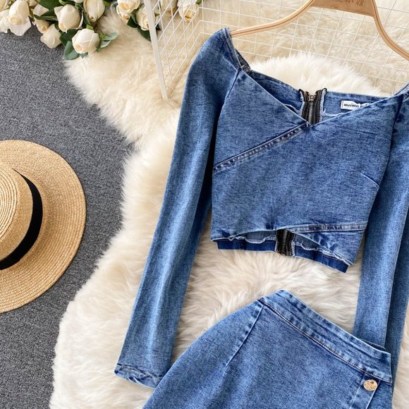 Denim Long Sleeve Top And High Waist Split Skirt Sets - Picture 6 of 6